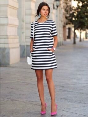 Kate Spade New York Yarn Dyed Stripe Shift Dress Black Cream Cotton Silk Size 0